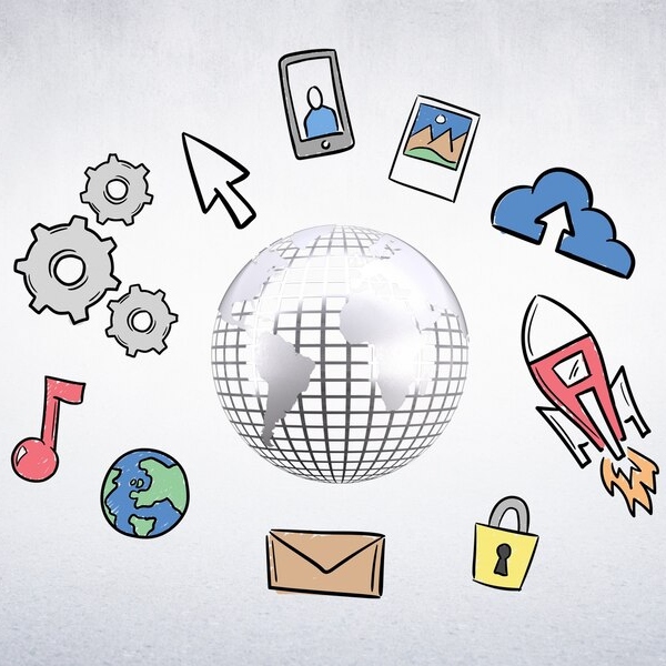 A grey globe surrounded by sectoral icons such as envelopes, lock, rocket, cloud, book, picture, arrow, gears, musical note, and sphere.